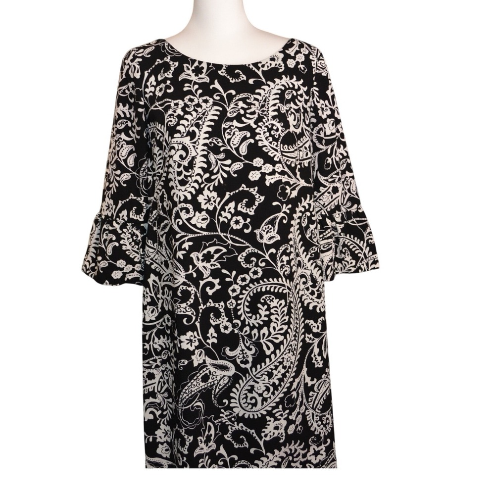 Talbots Black & White Print Dress Women's Petite‎ 8P Bell Sleeve Knee‑Length
